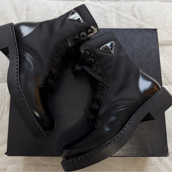 Prada Other - NEW! $1,420 Prada Brushed Leather Re-Nylon Combat Boots Black 8.5 / 9